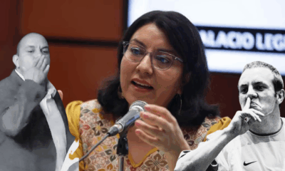 Montaje donde se observa a una diputada hablando en un micrófono, acompañada de dos fotografías en blanco y negro de un legislador realizando gestos controvertidos.