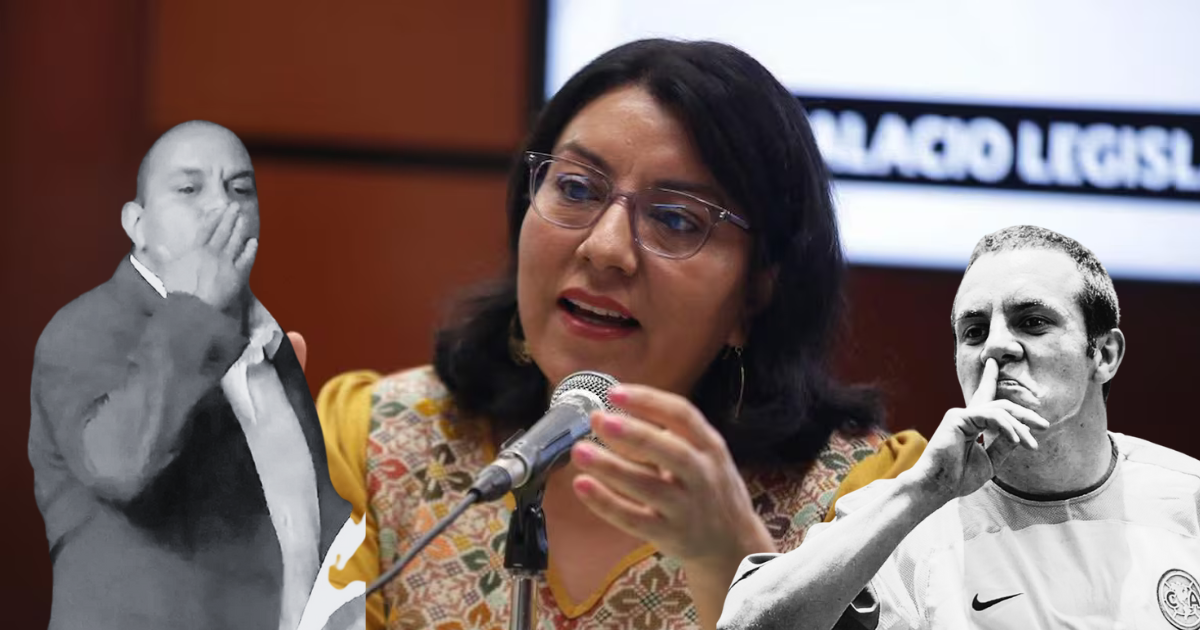 Montaje donde se observa a una diputada hablando en un micrófono, acompañada de dos fotografías en blanco y negro de un legislador realizando gestos controvertidos.