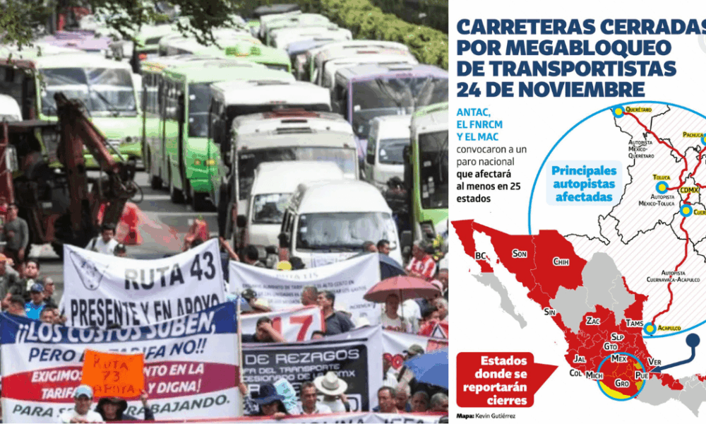 Mapa de México con los estados afectados por el megabloqueo nacional y las principales carreteras cerradas