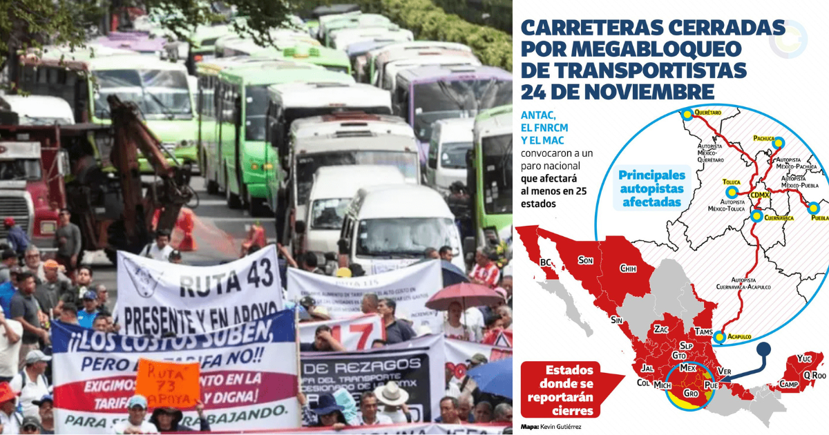 Mapa de México con los estados afectados por el megabloqueo nacional y las principales carreteras cerradas