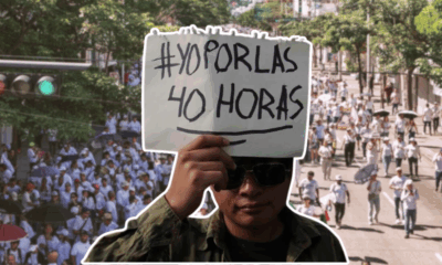 Collage que muestra a manifestantes durante la marcha por la reforma laboral de 40 horas en México, junto a un anuncio con la frase “Yo por las 40 horas”.