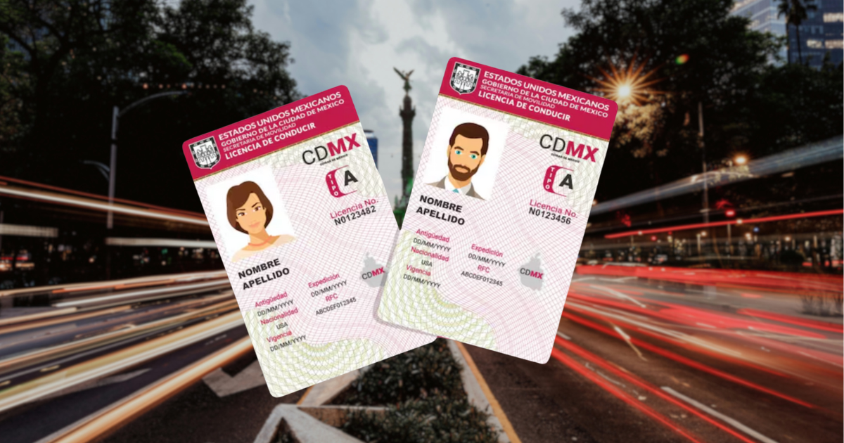 Fotografía de licencias permanentes de la CDMX en primer plano con una calle capitalina al fondo y luces barridas de autos en movimiento.