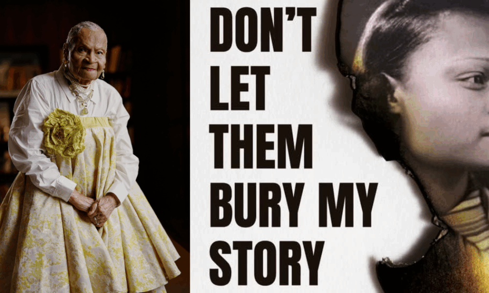 Collage de Viola Fletcher sentada en una estancia junto a la portada de su libro Don’t Let Them Bury My Story, sobreviviente de la Masacre de Tulsa