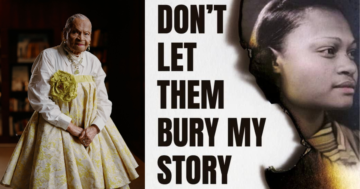Collage de Viola Fletcher sentada en una estancia junto a la portada de su libro Don’t Let Them Bury My Story, sobreviviente de la Masacre de Tulsa
