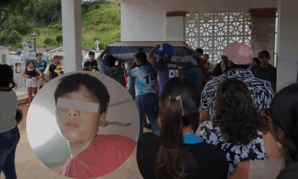 Familiares y vecinos de Tekax se reúnen en un panteón para despedir a Joel, menor asesinado en Tulum; al frente aparece su fotografía con los ojos cubiertos por privacidad.