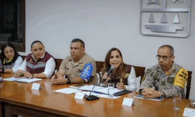 Rueda de prensa encabezada por la gobernadora de Quintana Roo, Mara Lezama, junto a la Secretaría de Gobierno durante la sesión de cierre del Consejo Estatal de Protección Civil.