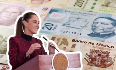 Claudia Sheinbaum anuncia el aumento al salario mínimo 2026 con billetes de pesos mexicanos de fondo.