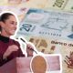 Claudia Sheinbaum anuncia el aumento al salario mínimo 2026 con billetes de pesos mexicanos de fondo.