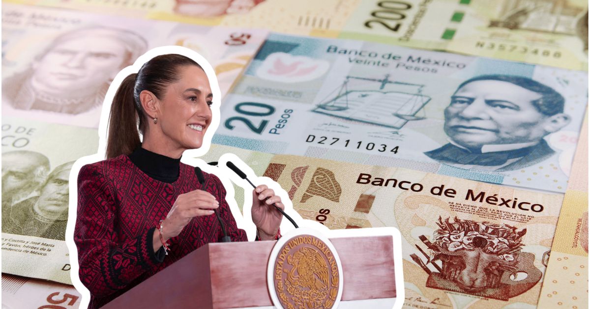 Claudia Sheinbaum anuncia el aumento al salario mínimo 2026 con billetes de pesos mexicanos de fondo.