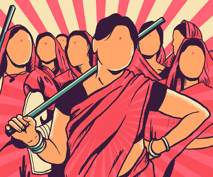 Ilustración de mujeres del Gulabi Gang vestidas de rosa, avanzando juntas con palos de autodefensa en actitud de fuerza y unidad.