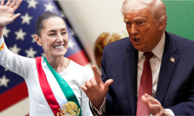 Claudia Sheinbaum y Donald Trump en imágenes separadas, representando el contraste entre las declaraciones de ambos sobre el Tratado de Aguas de 1944.