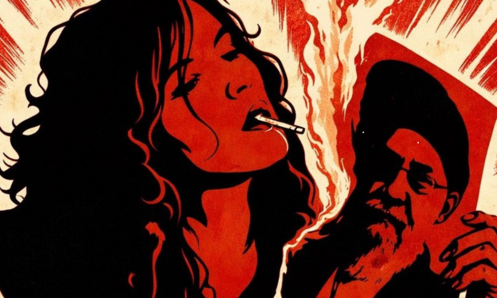 Ilustración de una mujer iraní fumando mientras quema la imagen del líder supremo en protesta contra el régimen y la represión en Irán.