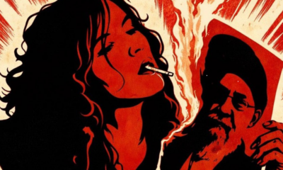 Ilustración de una mujer iraní fumando mientras quema la imagen del líder supremo en protesta contra el régimen y la represión en Irán.