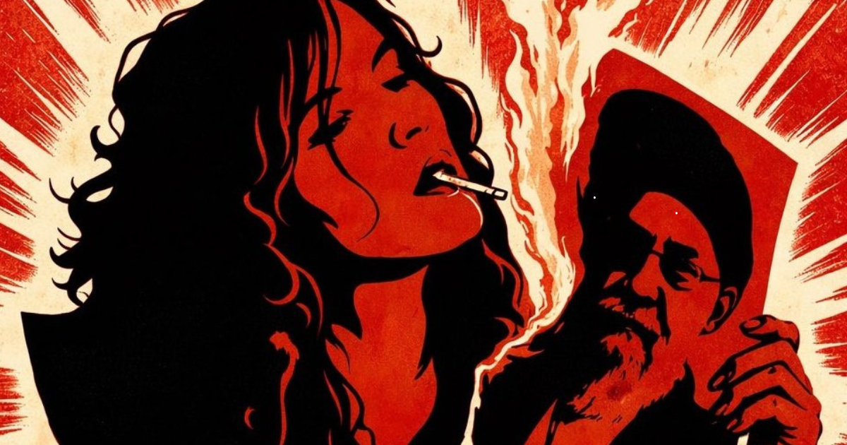 Ilustración de una mujer iraní fumando mientras quema la imagen del líder supremo en protesta contra el régimen y la represión en Irán.