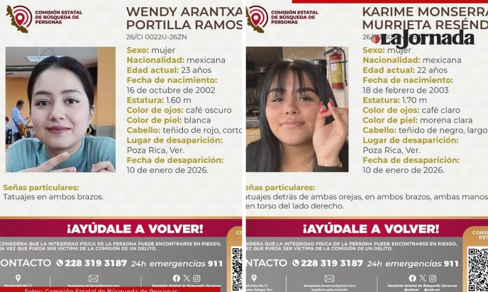 Fichas de búsqueda de Wendy Arantxa Portilla y Karime Monserrat Murrieta, desaparecidas en Poza Rica, Veracruz