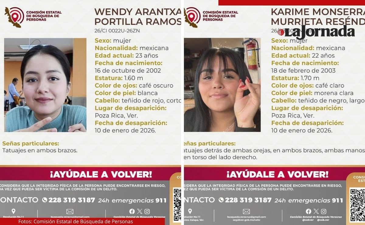 Fichas de búsqueda de Wendy Arantxa Portilla y Karime Monserrat Murrieta, desaparecidas en Poza Rica, Veracruz