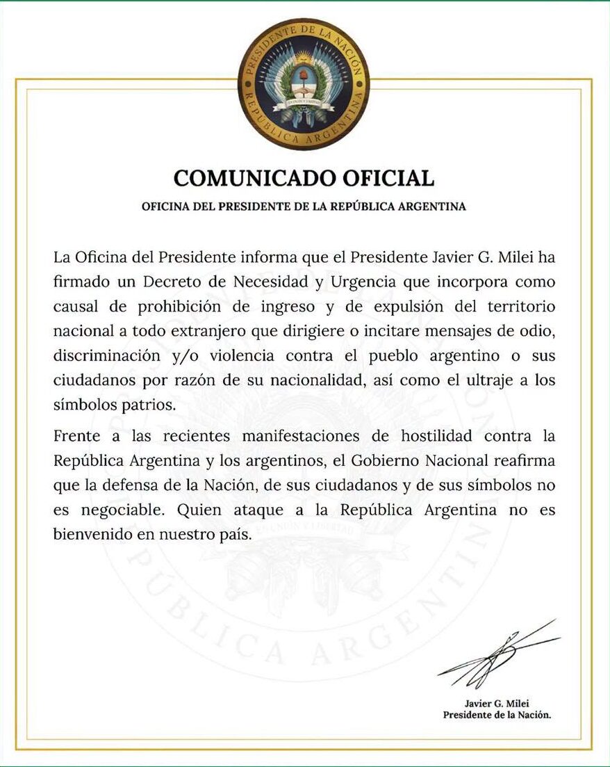 Milei prohíbe la entrada a extranjeros